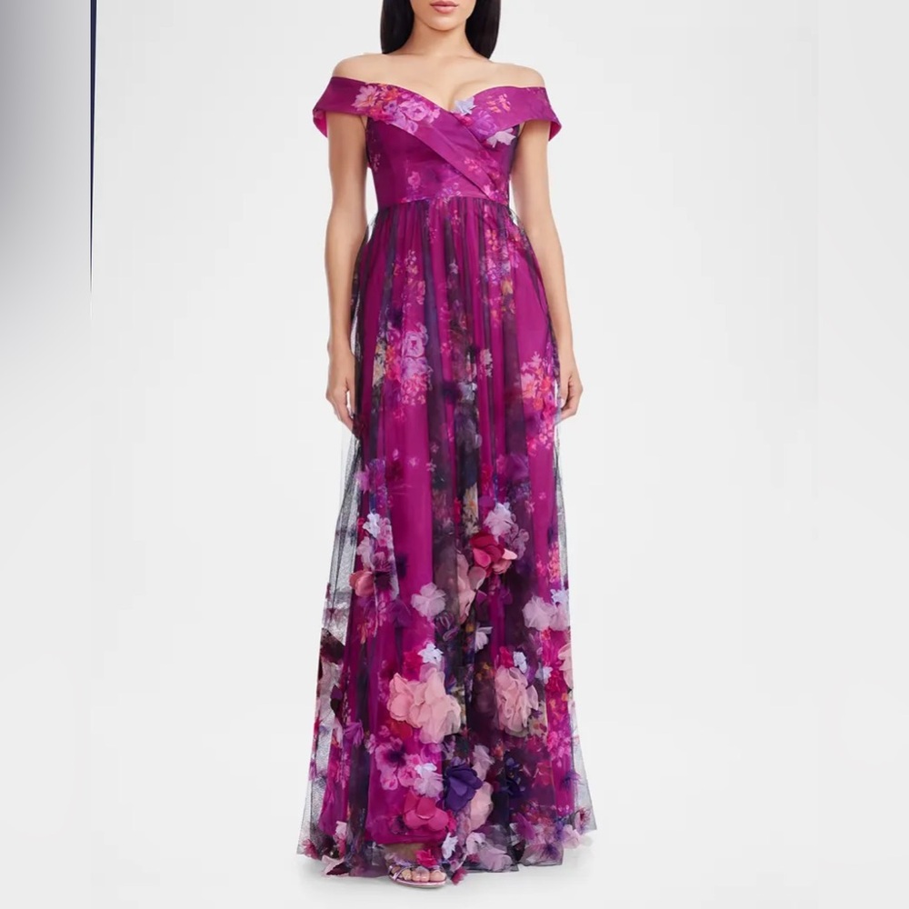 NWT Dress the Population Aurea Floral Print Off the Shoulder Gown Magenta Multi